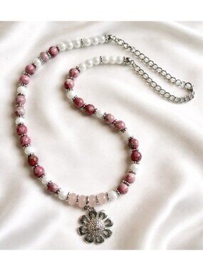 Reimagined Pink and White Beaded Necklace Floral Pendant